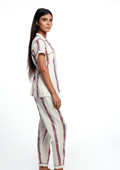 STRIPED COLLAR NIGHT SUIT IN COTTON