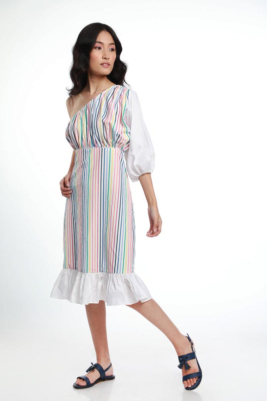ONE SHOULDER RUFFLE HEM STRIPE DRESS