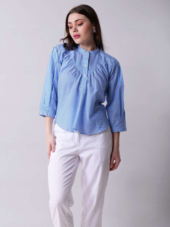 Striped Mandarin Collar Top