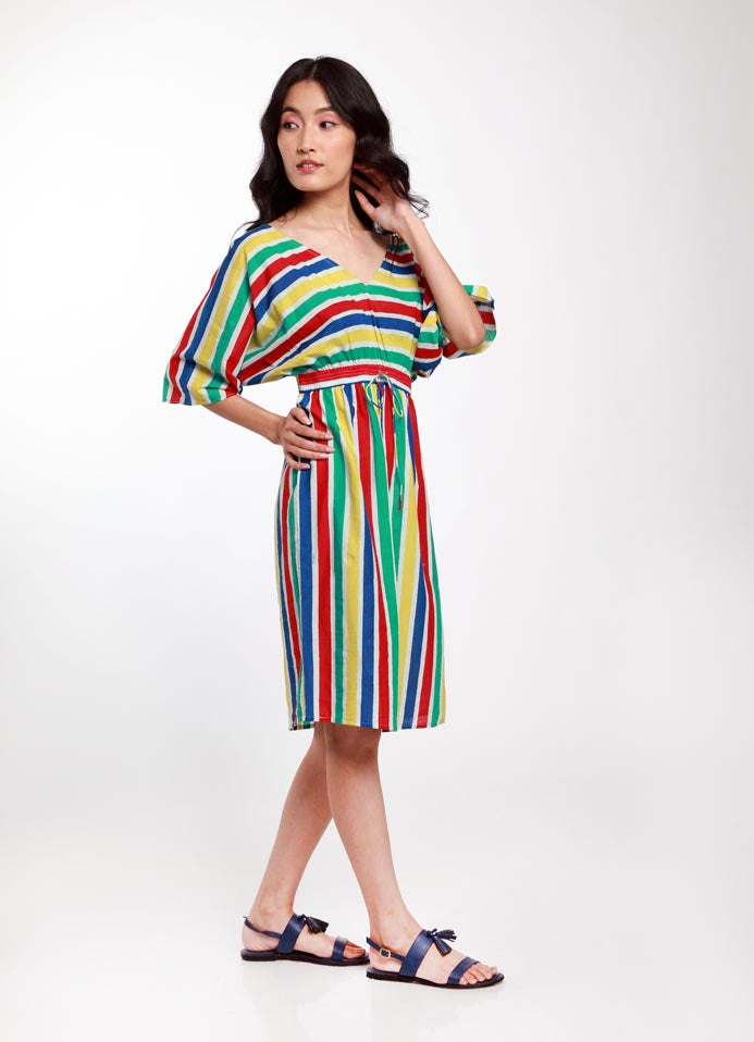 MULTI STRIPE CINCHED WAIST DROP SHOULDER DRESS