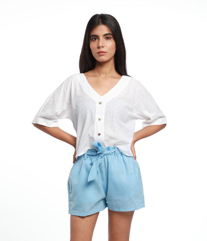 V NECK TEXTURED COTTON TOP WITH ELASTICATED SHORTS