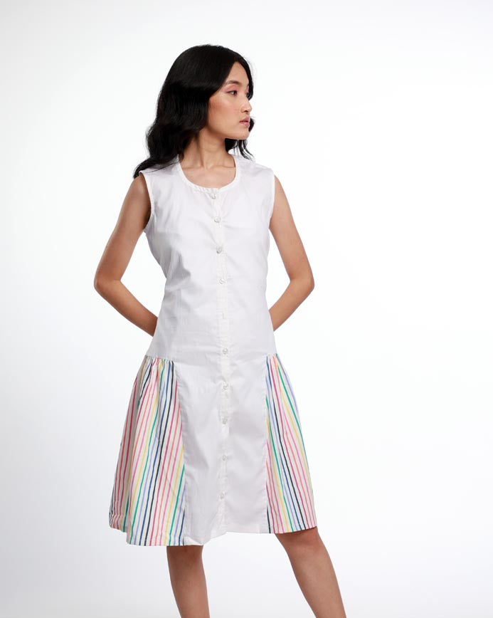 SLEEVELESS BUTTON DOWN COTTON DRESS WITH STRIPE PANEL
