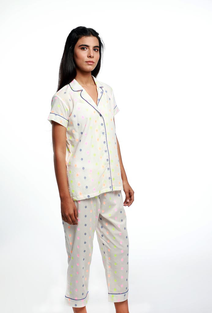 COLLAR BUTTON DOWN NEON POLKA NIGHT SUIT MADE IN COTTON