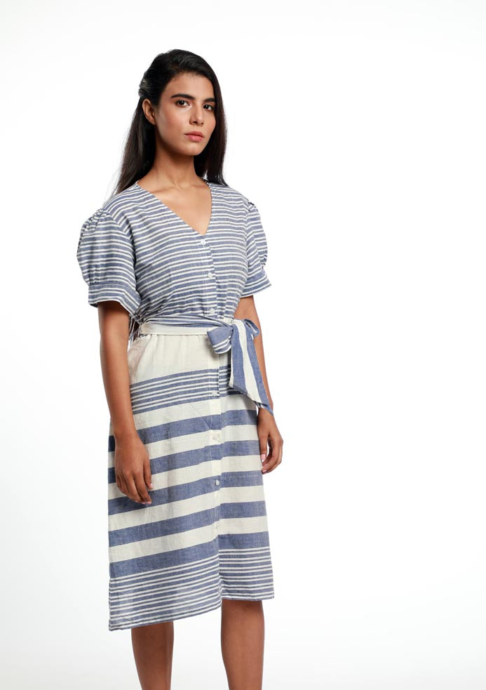 STRIPE BUTTON DOWN V-NECK DRESS. MADE IN SOFT ORGANIC COTTON
