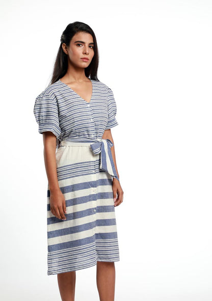 STRIPE BUTTON DOWN V-NECK DRESS. MADE IN SOFT ORGANIC COTTON