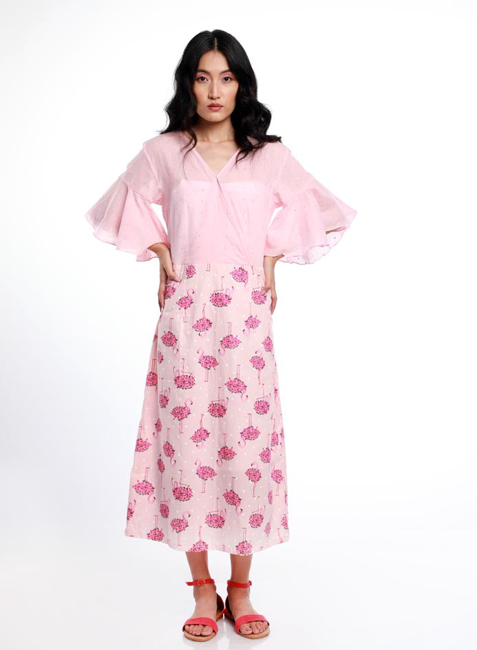 FLAMINGO EXAGGERATED SLEEVES DRESS