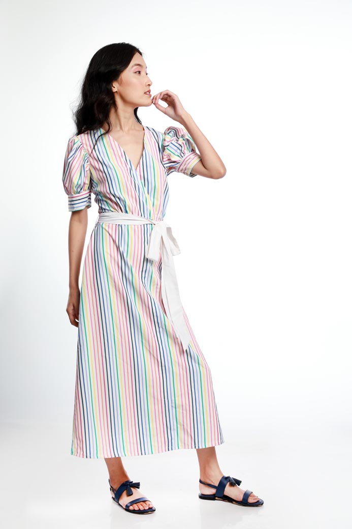 STRIPE OVERLAP TIE AROUND DRESS. MADE IN COTTON POPLIN