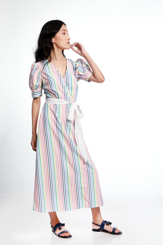 STRIPE OVERLAP TIE AROUND DRESS. MADE IN COTTON POPLIN