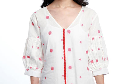 POLKA DOT HAND WOVEN COTTON, PUFFER SLEEVES DRESS