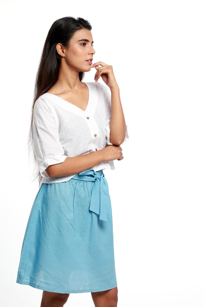 ELASTICATED WAIST POWDER BLUE LINEN SKIRT