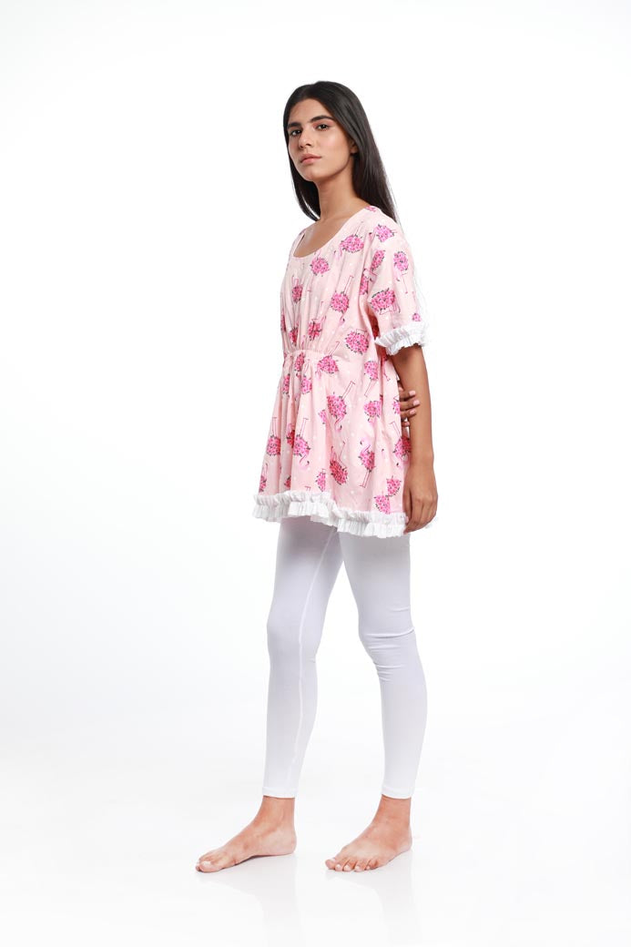 FLAMINGO CINCHED WAIST KAFTAN TOP. MADE IN COTTON