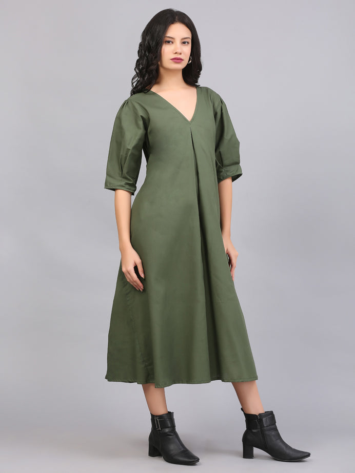 OLIVE GREEN BOX PLEAT DRESS