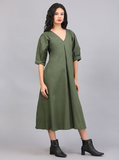 OLIVE GREEN BOX PLEAT DRESS