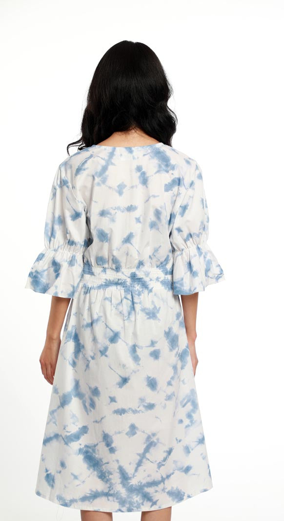 TIE & DYE BUTTON DOWN DRESS WITH ELASTICATED BELL SLEEVES