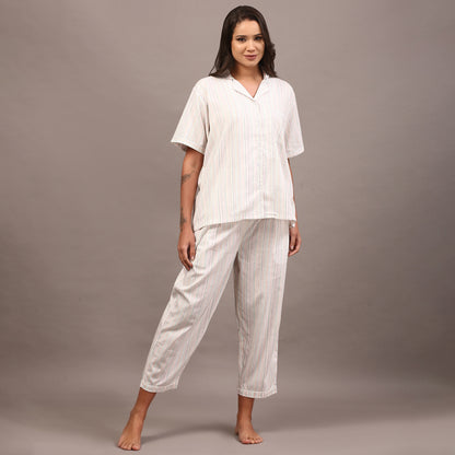 White collared night suit with Kantha stripes