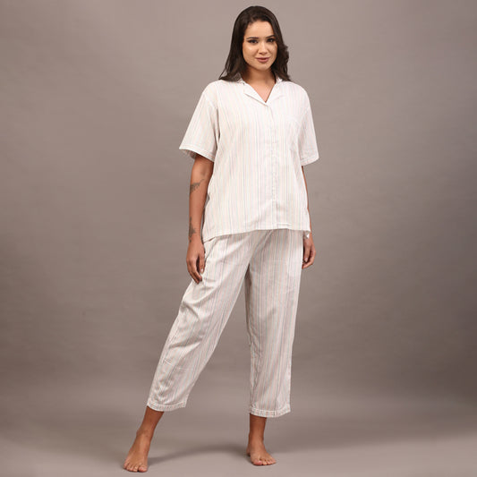 White collared night suit with Kantha stripes