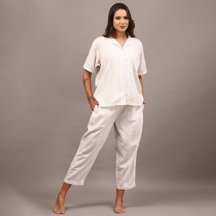 White collared night suit with Kantha stripes