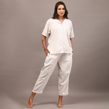 White collared night suit with Kantha stripes