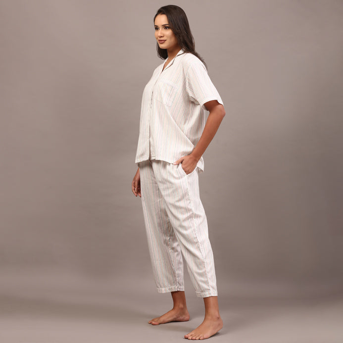 White collared night suit with Kantha stripes