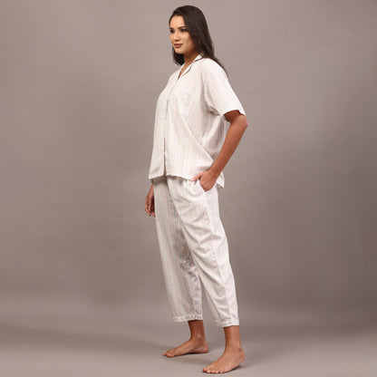White collared night suit with Kantha stripes