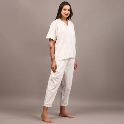 White collared night suit with Kantha stripes