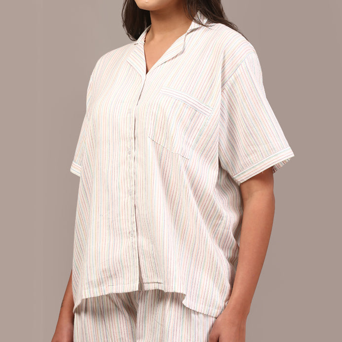 White collared night suit with Kantha stripes