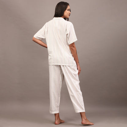 White collared night suit with Kantha stripes