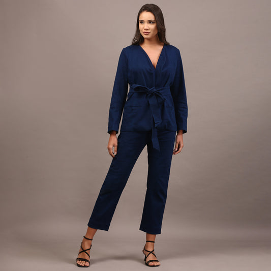 Denim belted blazer set
