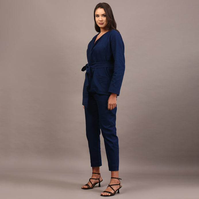 Denim belted blazer set