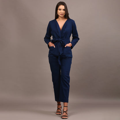 Denim belted blazer set
