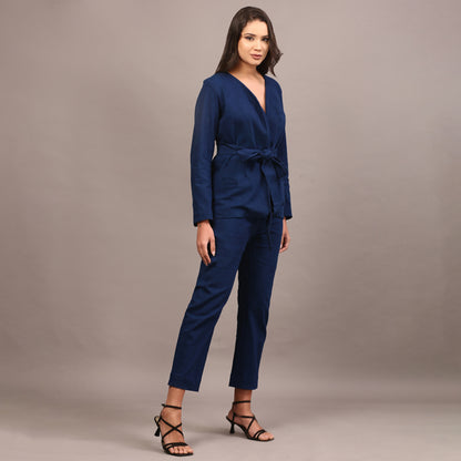 Denim belted blazer set