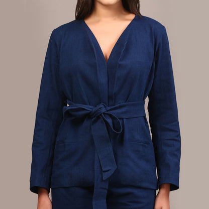 Denim belted blazer set