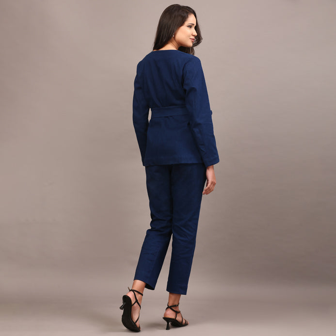 Denim belted blazer set