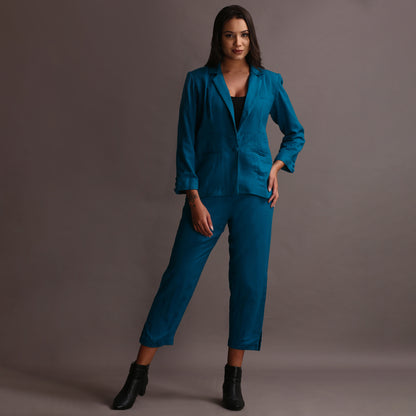 Teal cotswool blazer pant set