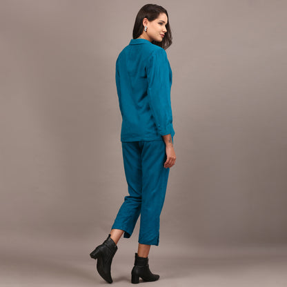 Teal cotswool blazer pant set