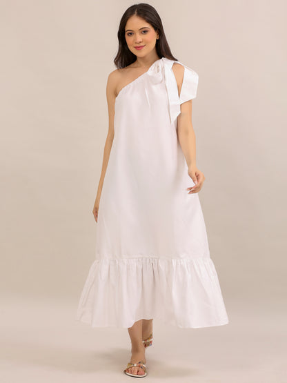 Elegant White One-Shoulder Bow Maxi Dress