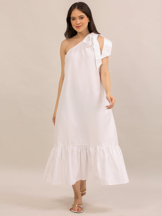 Elegant White One-Shoulder Bow Maxi Dress