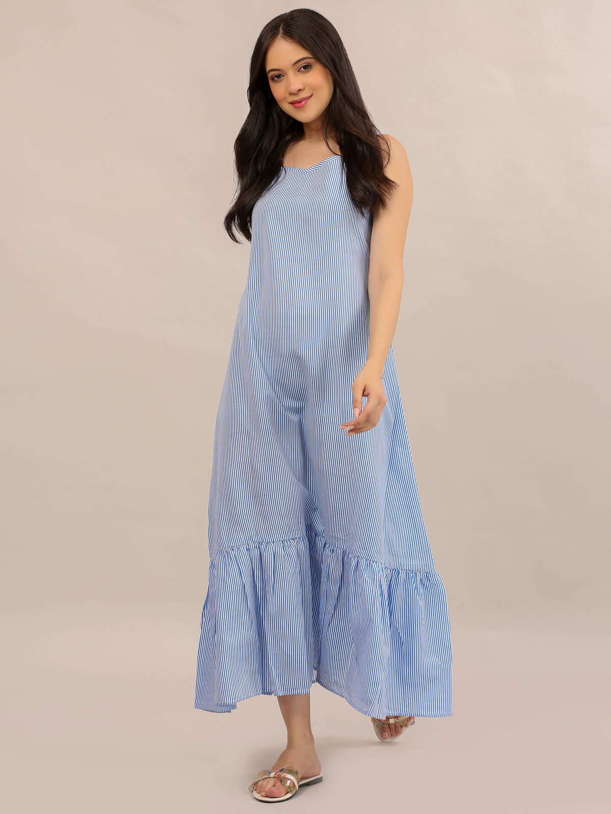 Sky Blue Striped Strappy Maxi Dress