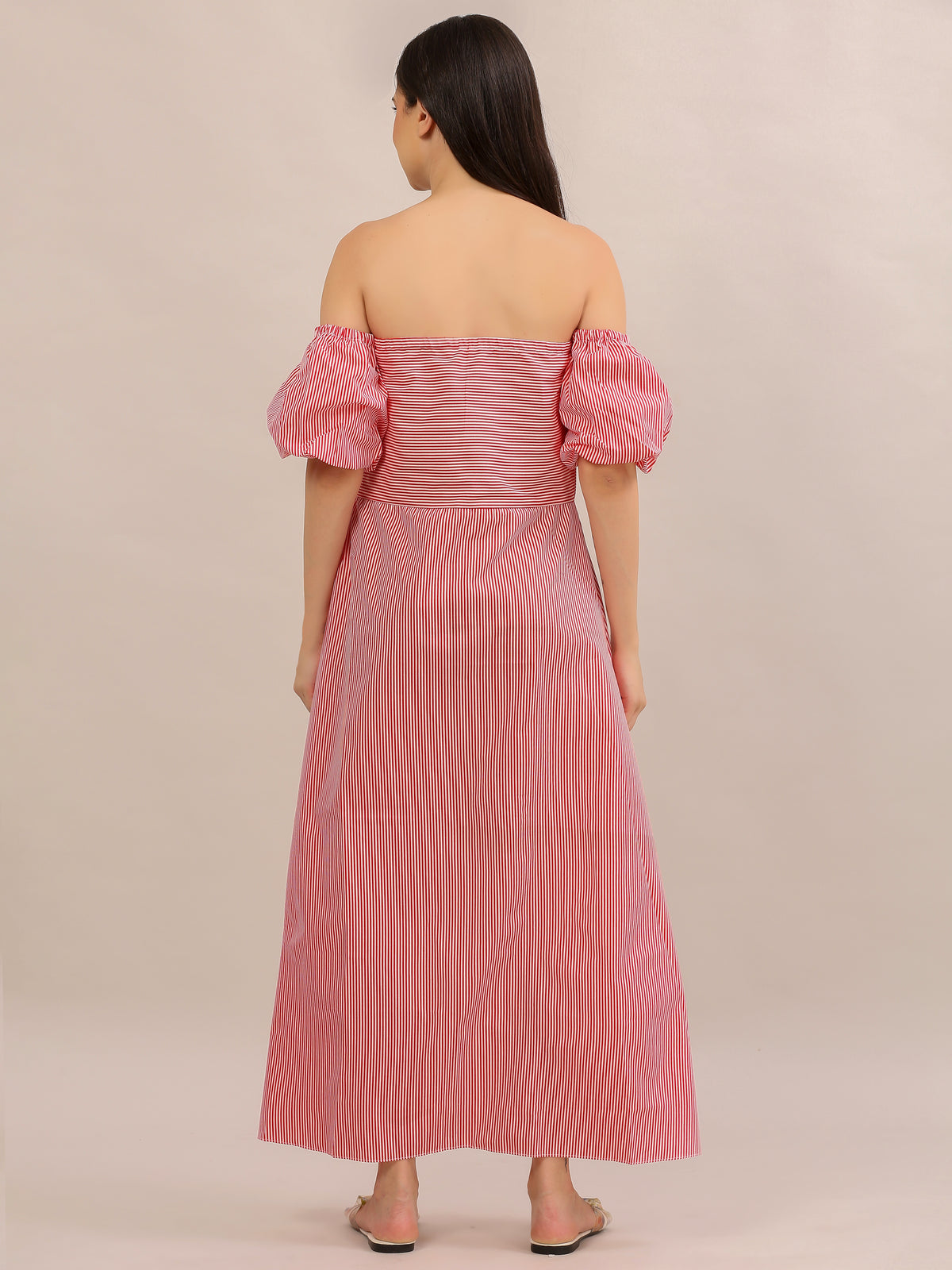 Coral Pink Striped Off-Shoulder Maxi Dress
