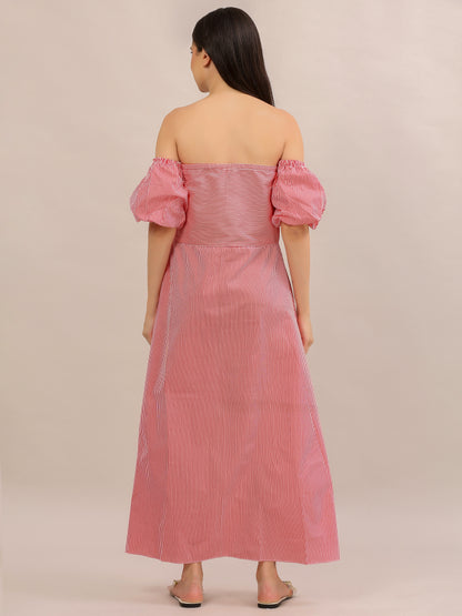Coral Pink Striped Off-Shoulder Maxi Dress
