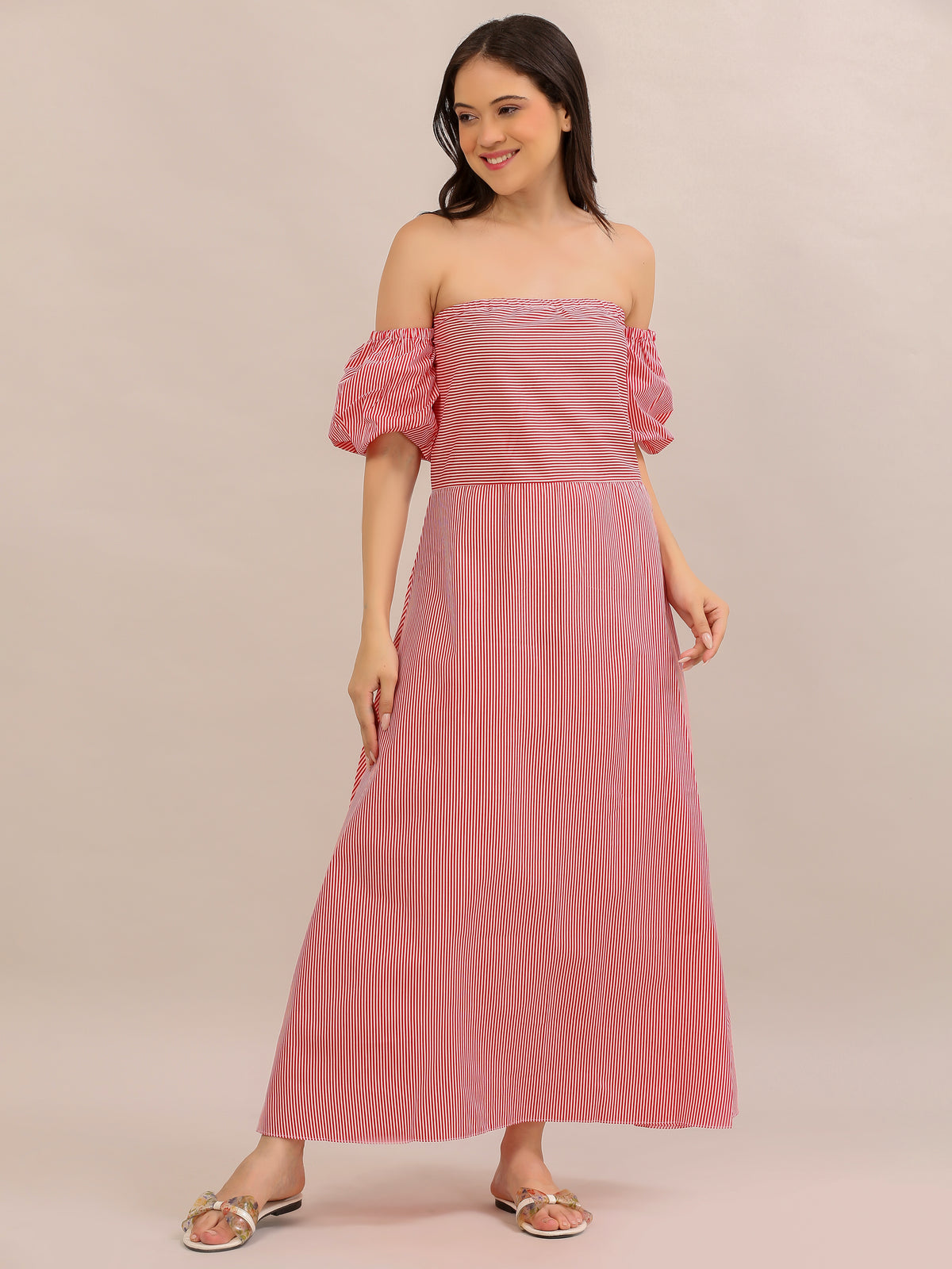 Coral Pink Striped Off-Shoulder Maxi Dress