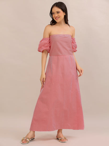 Coral Pink Striped Off-Shoulder Maxi Dress