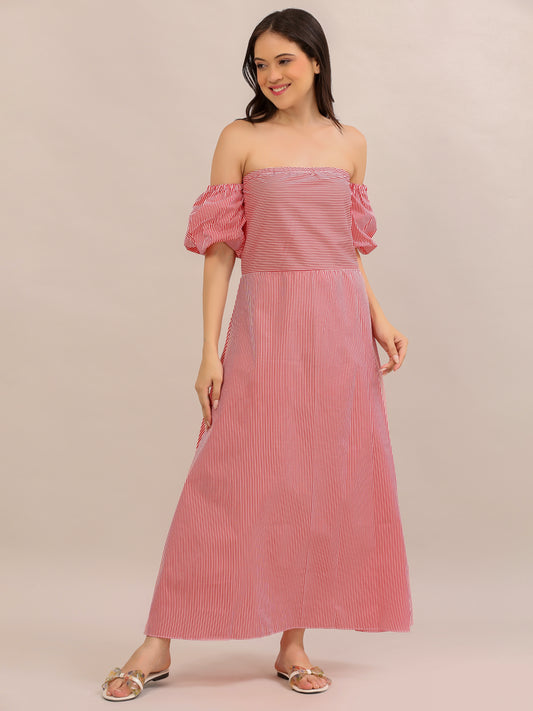 Coral Pink Striped Off-Shoulder Maxi Dress