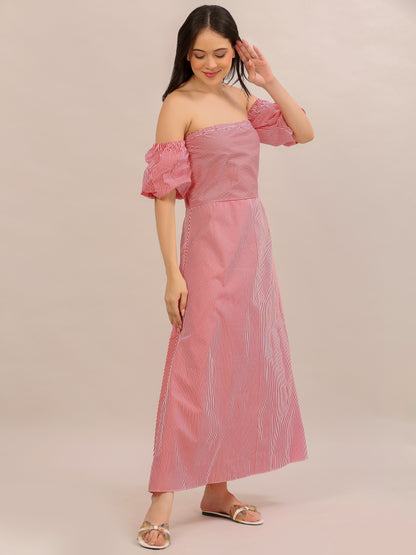 Coral Pink Striped Off-Shoulder Maxi Dress