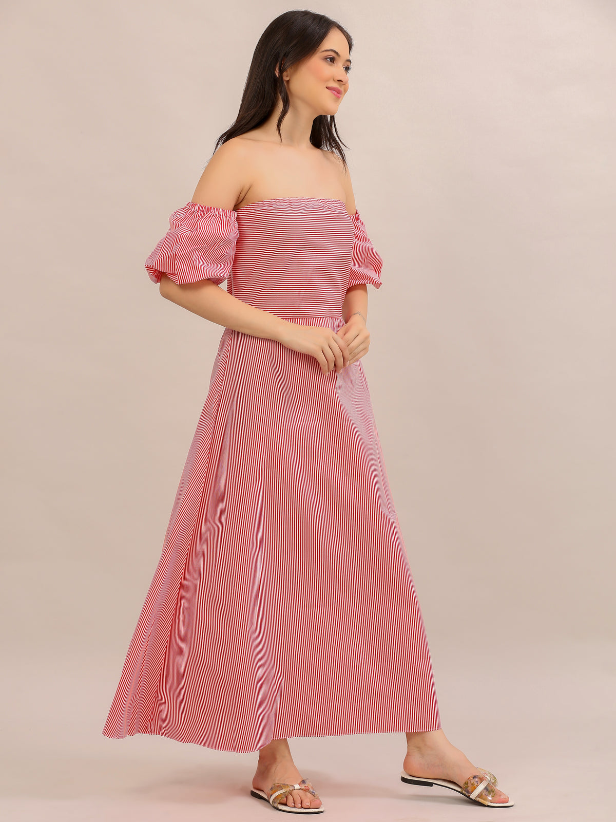 Coral Pink Striped Off-Shoulder Maxi Dress