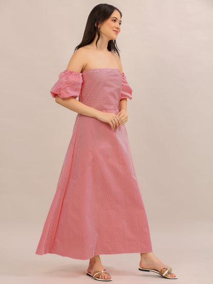 Coral Pink Striped Off-Shoulder Maxi Dress