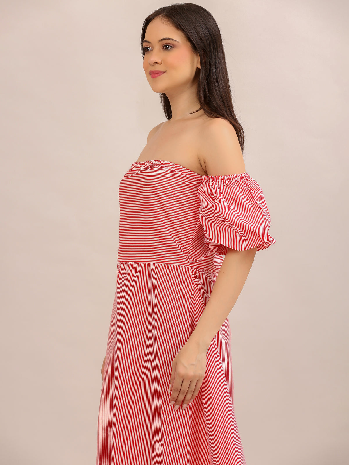 Coral Pink Striped Off-Shoulder Maxi Dress