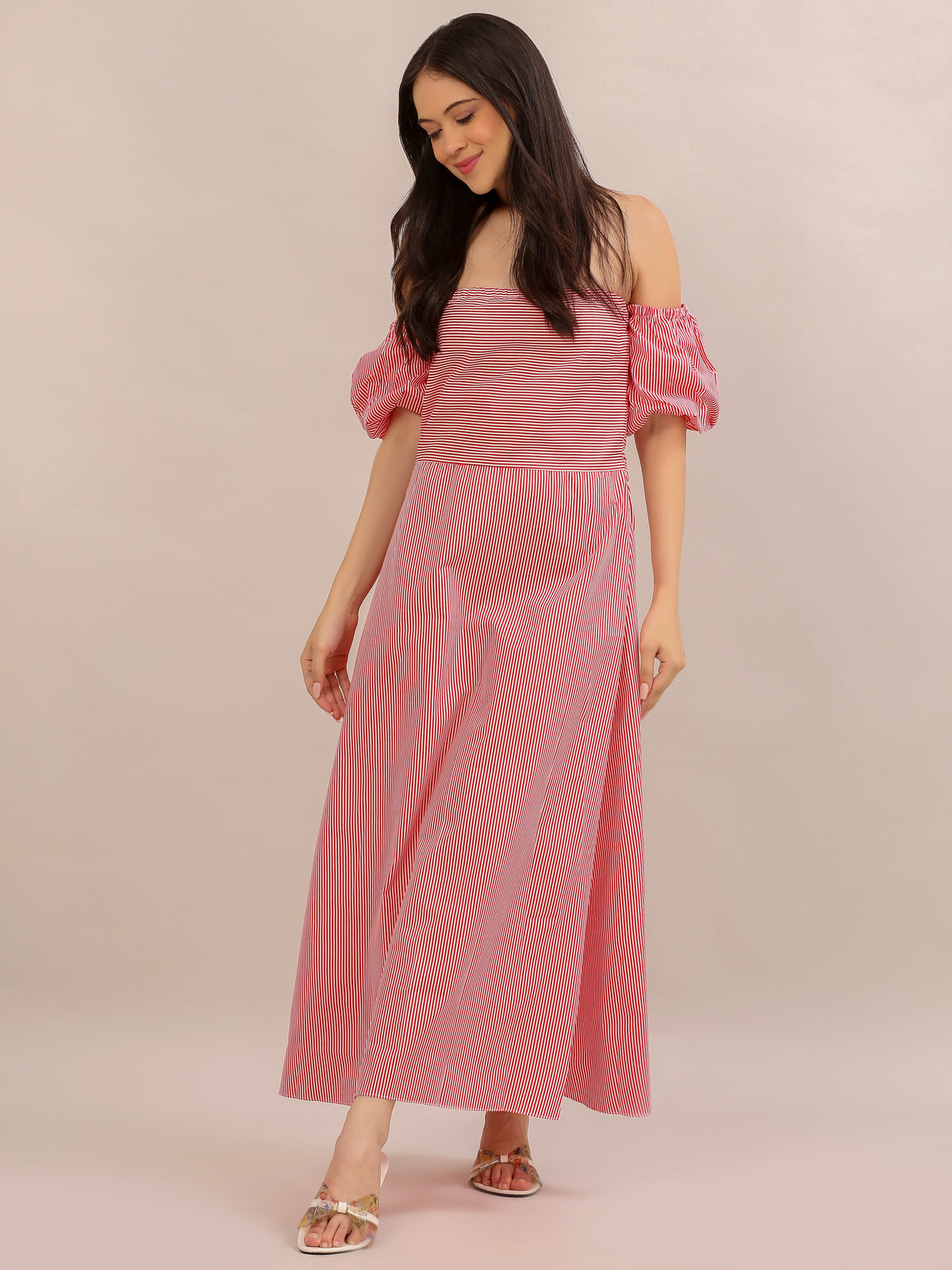 Coral Pink Striped Off-Shoulder Maxi Dress