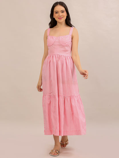 Pink Striped Bustier Tiered Maxi Dress