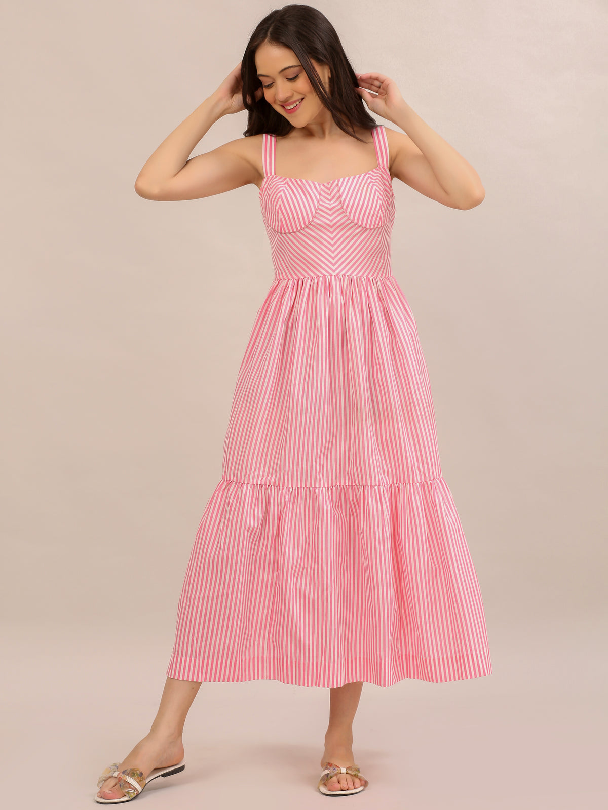 Pink Striped Bustier Tiered Maxi Dress